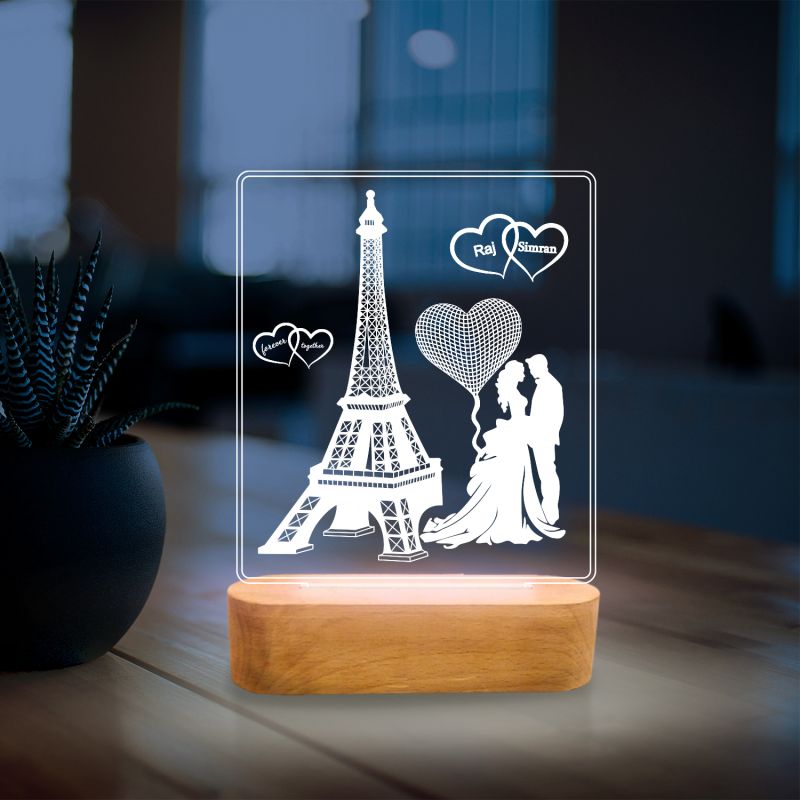 3D Illusion Eiffel Design Lamp Personalized with Couple Name & Cool White Light | Gift for Anniversary